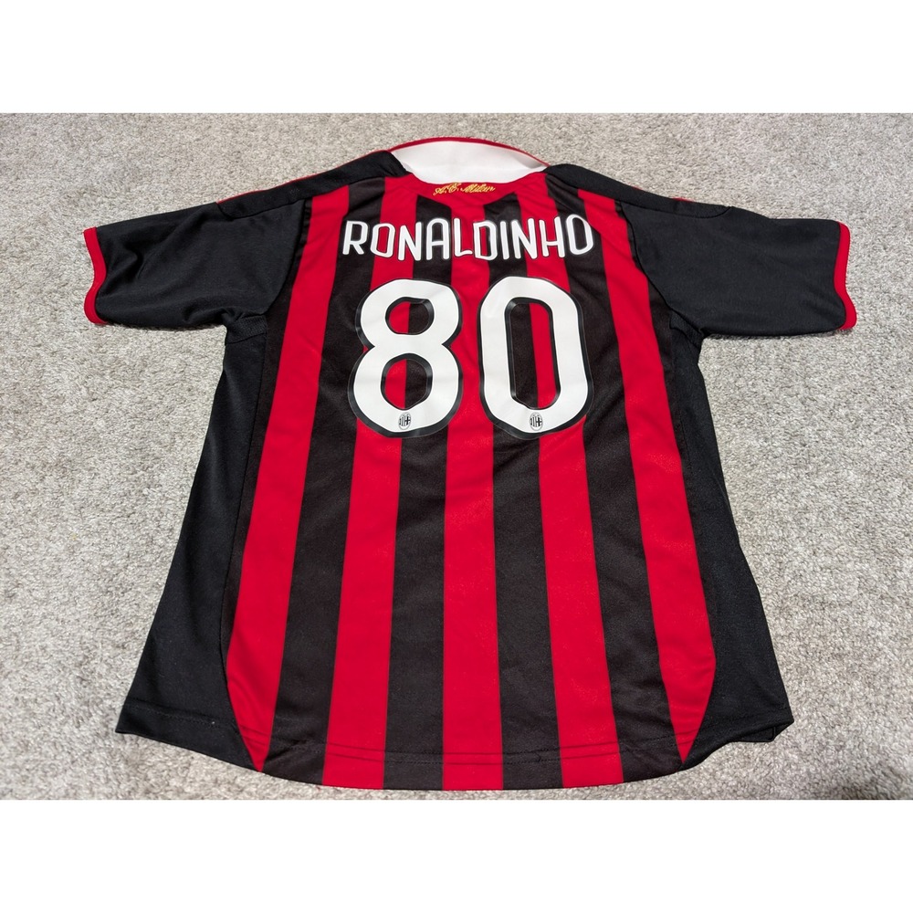AC Milan Jersey Kids XL Red Black Ronaldinho 80 Soccer Shirt Bwin Striped Sport - Picture 7 of 7